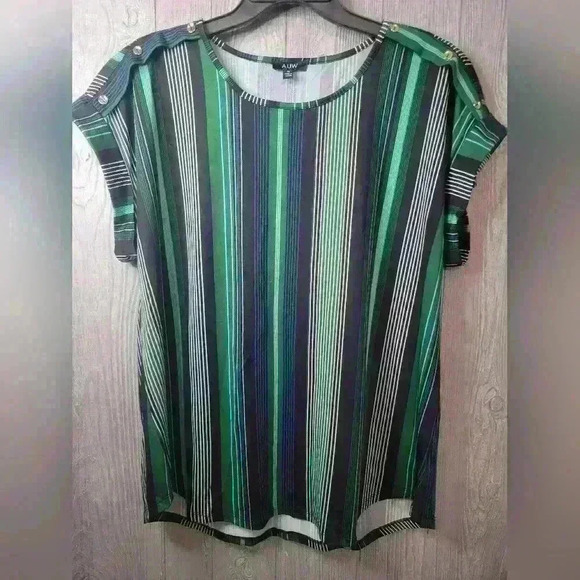 A.U.W green, teal, mint, and black striped shirt with non working gold buttons. - Picture 1 of 4